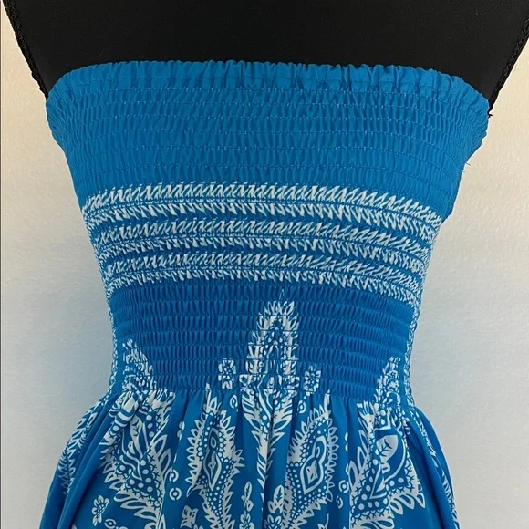 Blue Strapless Dress with White Pattern - Picture 2 of 7